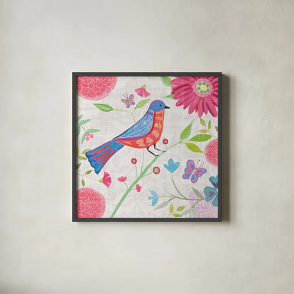 Damask Floral and Bird II v2 by Farida Zaman. Shown in a sleek black glass frame for a contemporary gallery look. Available as an archival giclee rolled canvas, fine art paper, or poster print. SKU 34044a.