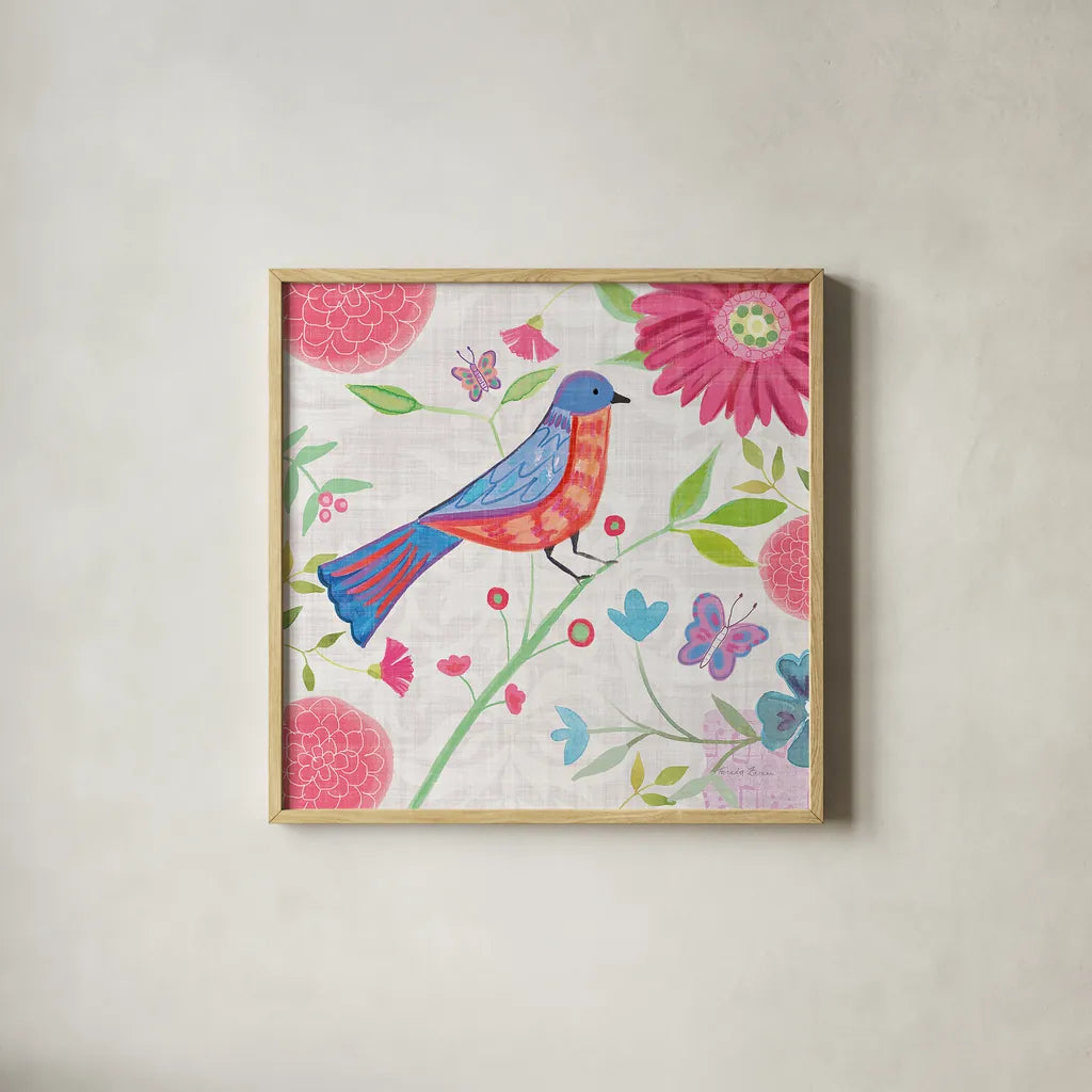 Damask Floral and Bird II v2 by Farida Zaman. Shown in a natural wood glass frame for a timeless modern aesthetic. Available as an archival giclee rolled canvas, fine art paper, or poster print. SKU 34044a.