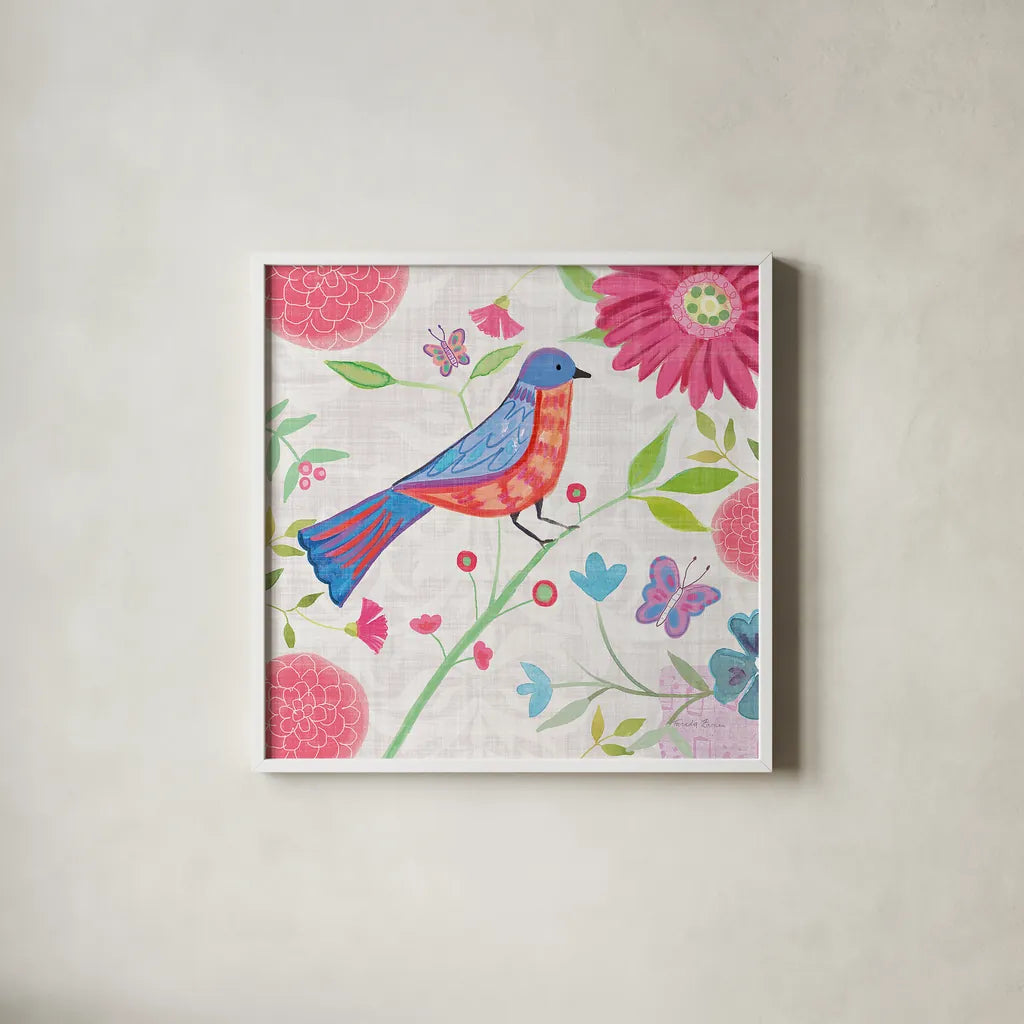 Damask Floral and Bird II v2 by Farida Zaman. Shown in a crisp white glass frame for a clean and minimalist style. Available as an archival giclee rolled canvas, fine art paper, or poster print. SKU 34044a.
