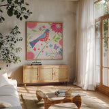 Damask Floral and Bird II v2 by Farida Zaman. Shown in a natural wood frame in a cozy modern living room. Available as an archival giclee rolled canvas, fine art paper, or poster print. SKU 34044a.