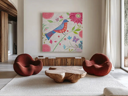 Damask Floral and Bird II v2 by Farida Zaman. Shown as extra-large giant wall art in a modern living room. Available as an archival giclee rolled canvas, fine art paper, or poster print. SKU 34044a.