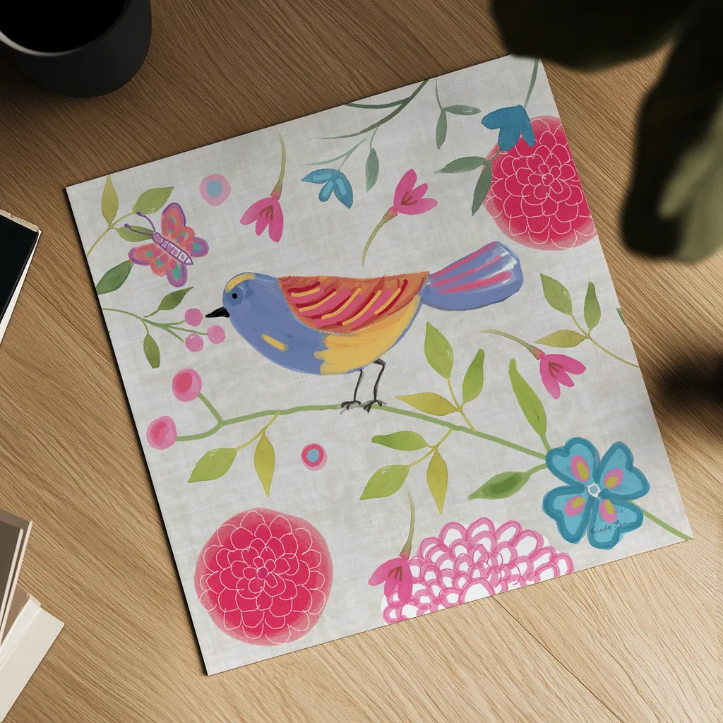 Damask Floral and Bird III by Farida Zaman. Shown as a detailed flat fine art print, highlighting archival giclee quality. Available as an archival giclee rolled canvas, fine art paper, or poster print. SKU 33109a.