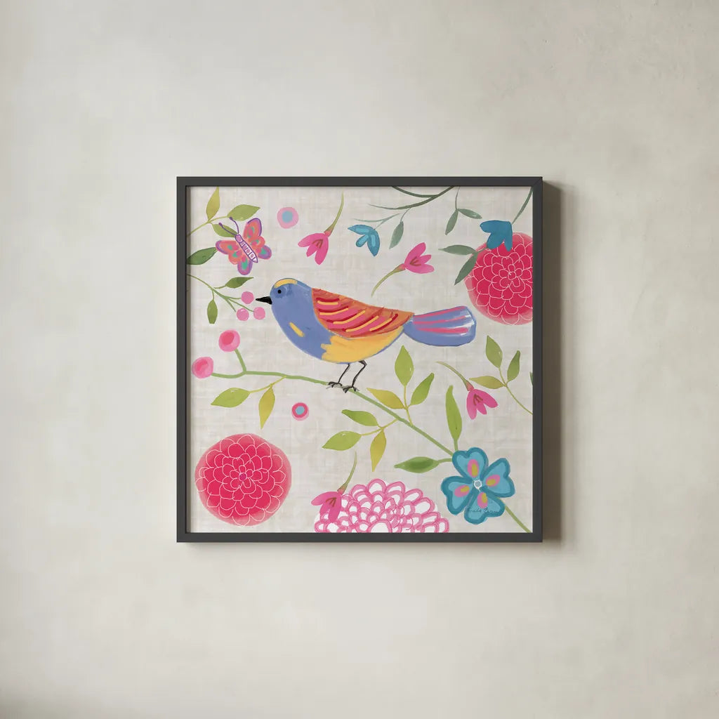 Damask Floral and Bird III by Farida Zaman. Shown in a sleek black glass frame for a contemporary gallery look. Available as an archival giclee rolled canvas, fine art paper, or poster print. SKU 33109a.