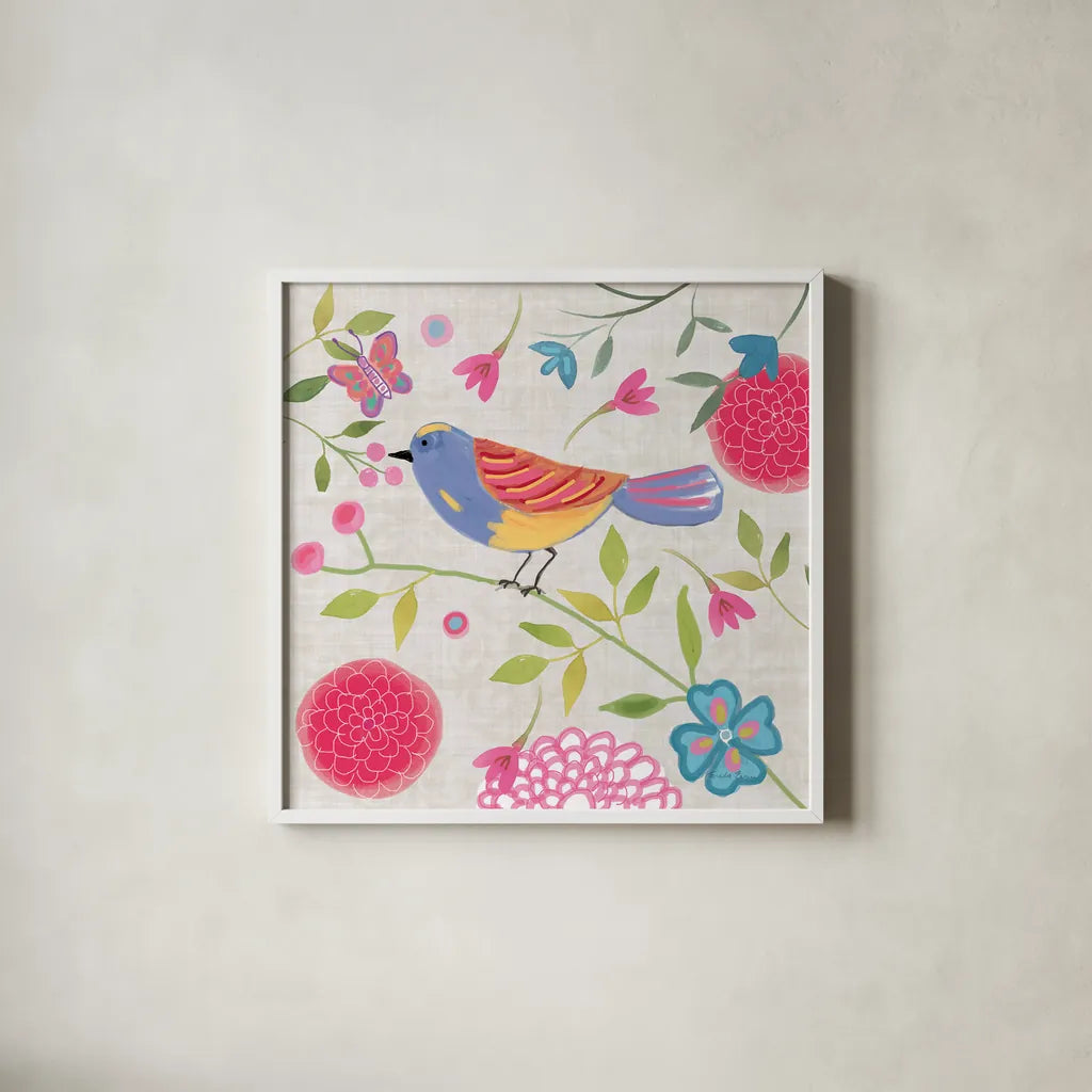 Damask Floral and Bird III by Farida Zaman. Shown in a crisp white glass frame for a clean and minimalist style. Available as an archival giclee rolled canvas, fine art paper, or poster print. SKU 33109a.