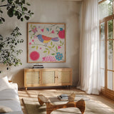 Damask Floral and Bird III by Farida Zaman. Shown in a natural wood frame in a cozy modern living room. Available as an archival giclee rolled canvas, fine art paper, or poster print. SKU 33109a.