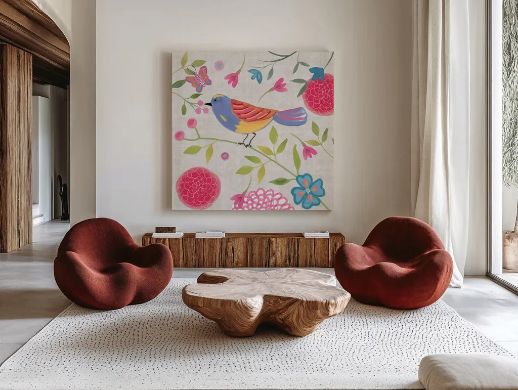 Damask Floral and Bird III by Farida Zaman. Shown as extra-large giant wall art in a modern living room. Available as an archival giclee rolled canvas, fine art paper, or poster print. SKU 33109a.