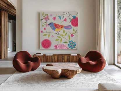 Damask Floral and Bird III by Farida Zaman. Shown as extra-large giant wall art in a modern living room. Available as an archival giclee rolled canvas, fine art paper, or poster print. SKU 33109a.