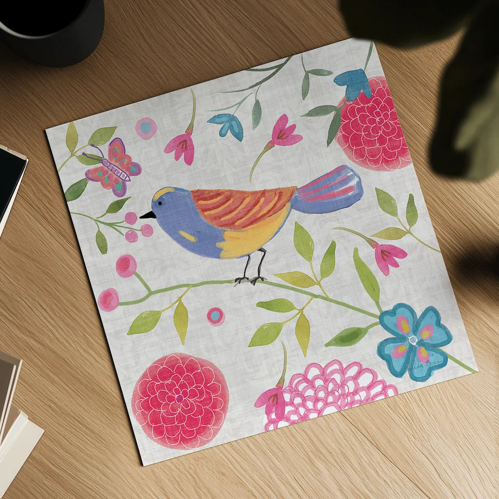 Damask Floral and Bird III v2 by Farida Zaman. Shown as a detailed flat fine art print, highlighting archival giclee quality. Available as an archival giclee rolled canvas, fine art paper, or poster print. SKU 34045a.