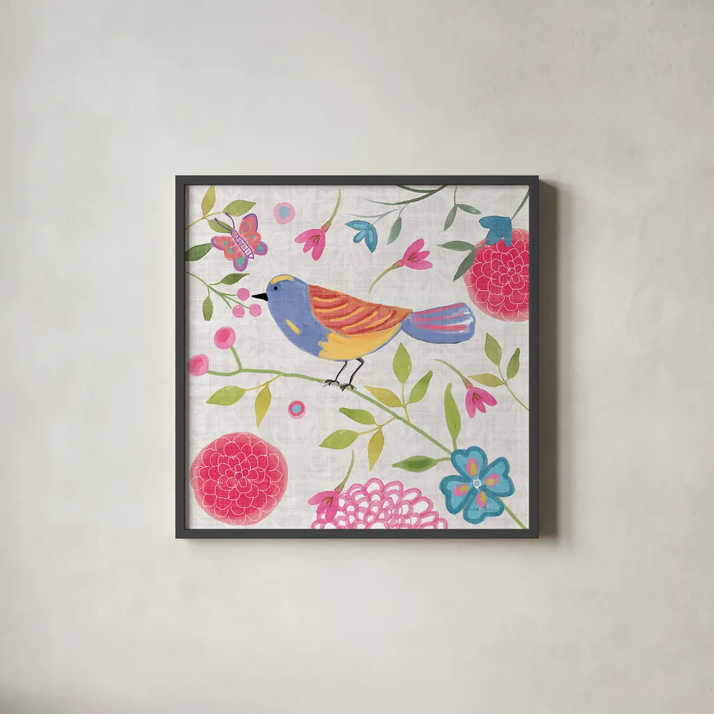Damask Floral and Bird III v2 by Farida Zaman. Shown in a sleek black glass frame for a contemporary gallery look. Available as an archival giclee rolled canvas, fine art paper, or poster print. SKU 34045a.