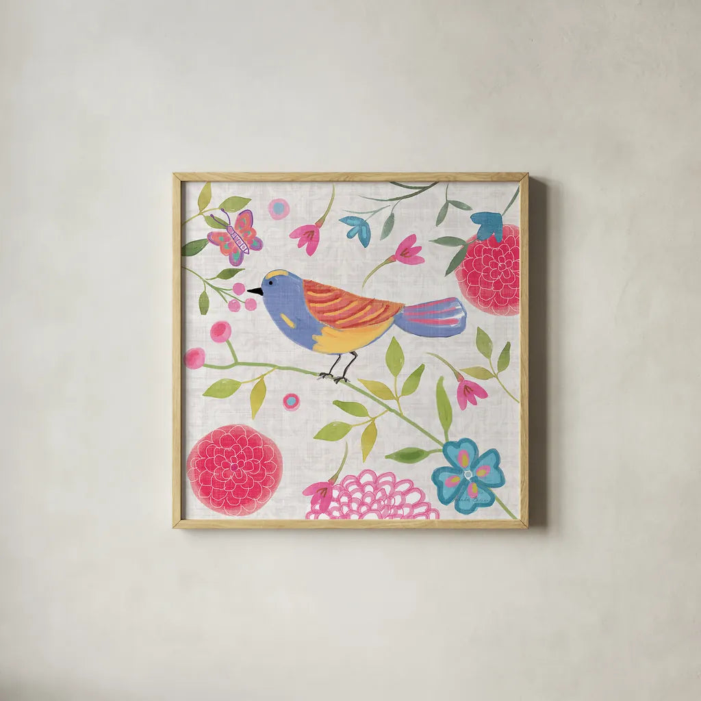 Damask Floral and Bird III v2 by Farida Zaman. Shown in a natural wood glass frame for a timeless modern aesthetic. Available as an archival giclee rolled canvas, fine art paper, or poster print. SKU 34045a.