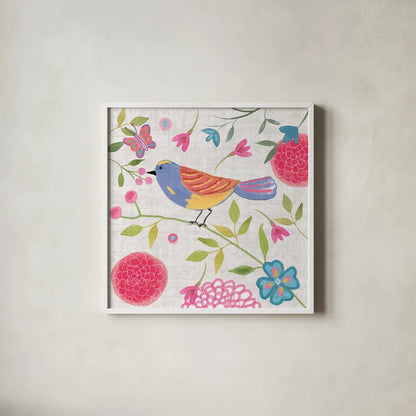 Damask Floral and Bird III v2 by Farida Zaman. Shown in a crisp white glass frame for a clean and minimalist style. Available as an archival giclee rolled canvas, fine art paper, or poster print. SKU 34045a.