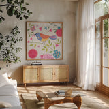 Damask Floral and Bird III v2 by Farida Zaman. Shown in a natural wood frame in a cozy modern living room. Available as an archival giclee rolled canvas, fine art paper, or poster print. SKU 34045a.