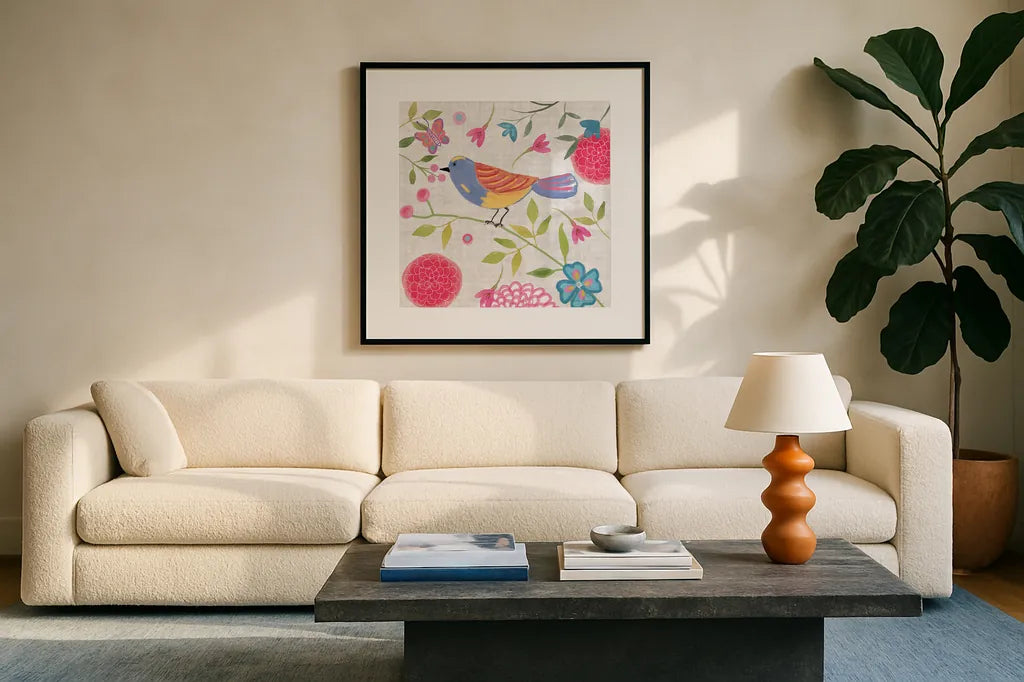 Damask Floral and Bird III v2 by Farida Zaman. Displayed in a glass frame with matte in a clean modern living room. Available as an archival giclee rolled canvas, fine art paper, or poster print. SKU 34045a.
