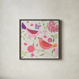 Damask Floral and Bird IV by Farida Zaman. Shown in a sleek black glass frame for a contemporary gallery look. Available as an archival giclee rolled canvas, fine art paper, or poster print. SKU 33110a.
