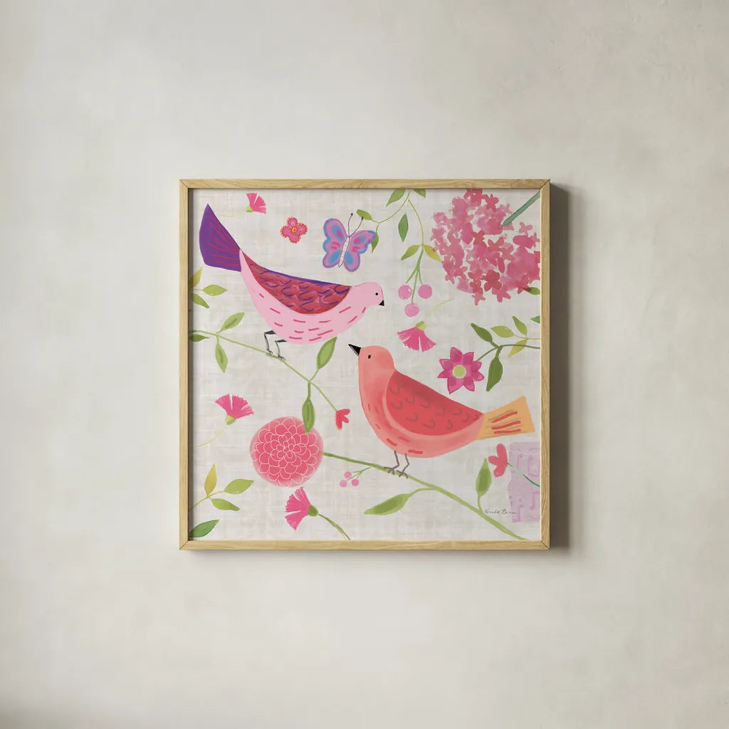 Damask Floral and Bird IV by Farida Zaman. Shown in a natural wood glass frame for a timeless modern aesthetic. Available as an archival giclee rolled canvas, fine art paper, or poster print. SKU 33110a.