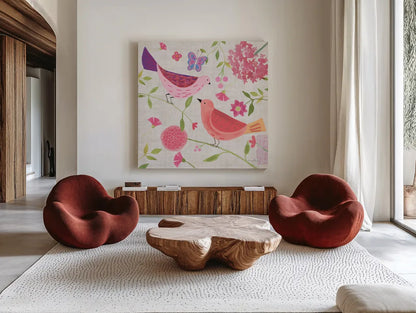 Damask Floral and Bird IV by Farida Zaman. Shown as extra-large giant wall art in a modern living room. Available as an archival giclee rolled canvas, fine art paper, or poster print. SKU 33110a.