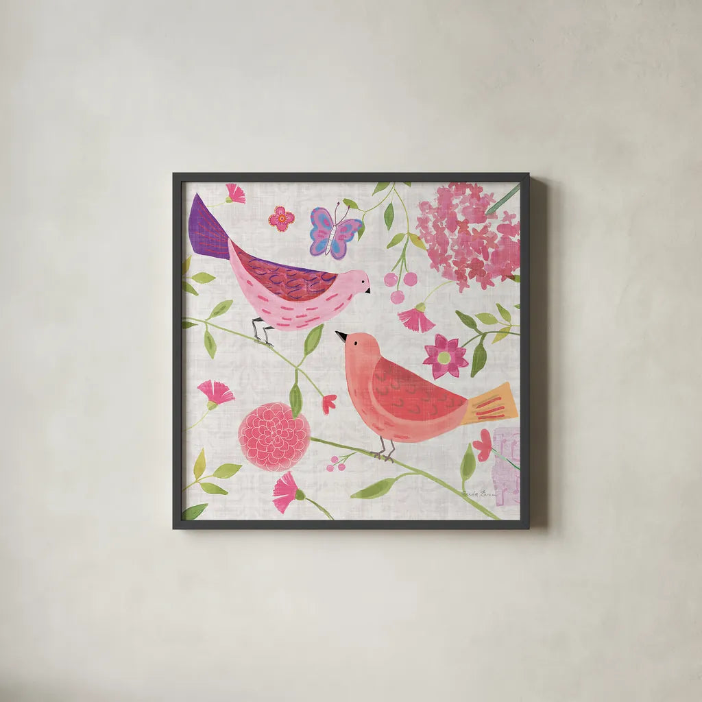 Damask Floral and Bird IV v2 by Farida Zaman. Shown in a sleek black glass frame for a contemporary gallery look. Available as an archival giclee rolled canvas, fine art paper, or poster print. SKU 34046a.