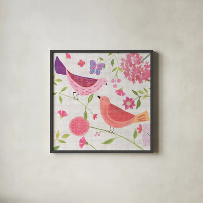 Damask Floral and Bird IV v2 by Farida Zaman. Shown in a sleek black glass frame for a contemporary gallery look. Available as an archival giclee rolled canvas, fine art paper, or poster print. SKU 34046a.