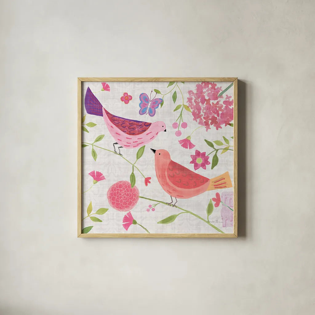 Damask Floral and Bird IV v2 by Farida Zaman. Shown in a natural wood glass frame for a timeless modern aesthetic. Available as an archival giclee rolled canvas, fine art paper, or poster print. SKU 34046a.