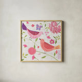 Damask Floral and Bird IV v2 by Farida Zaman. Shown in a natural wood glass frame for a timeless modern aesthetic. Available as an archival giclee rolled canvas, fine art paper, or poster print. SKU 34046a.