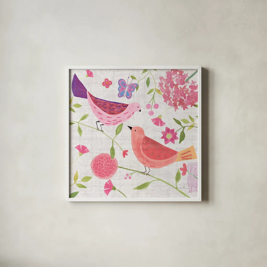 Damask Floral and Bird IV v2 by Farida Zaman. Shown in a crisp white glass frame for a clean and minimalist style. Available as an archival giclee rolled canvas, fine art paper, or poster print. SKU 34046a.
