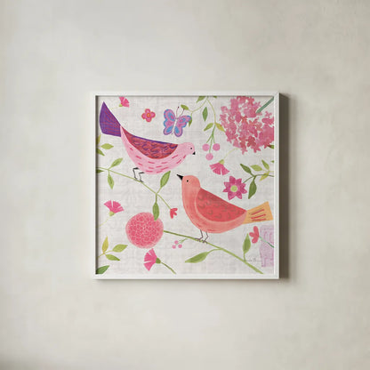 Damask Floral and Bird IV v2 by Farida Zaman. Shown in a crisp white glass frame for a clean and minimalist style. Available as an archival giclee rolled canvas, fine art paper, or poster print. SKU 34046a.