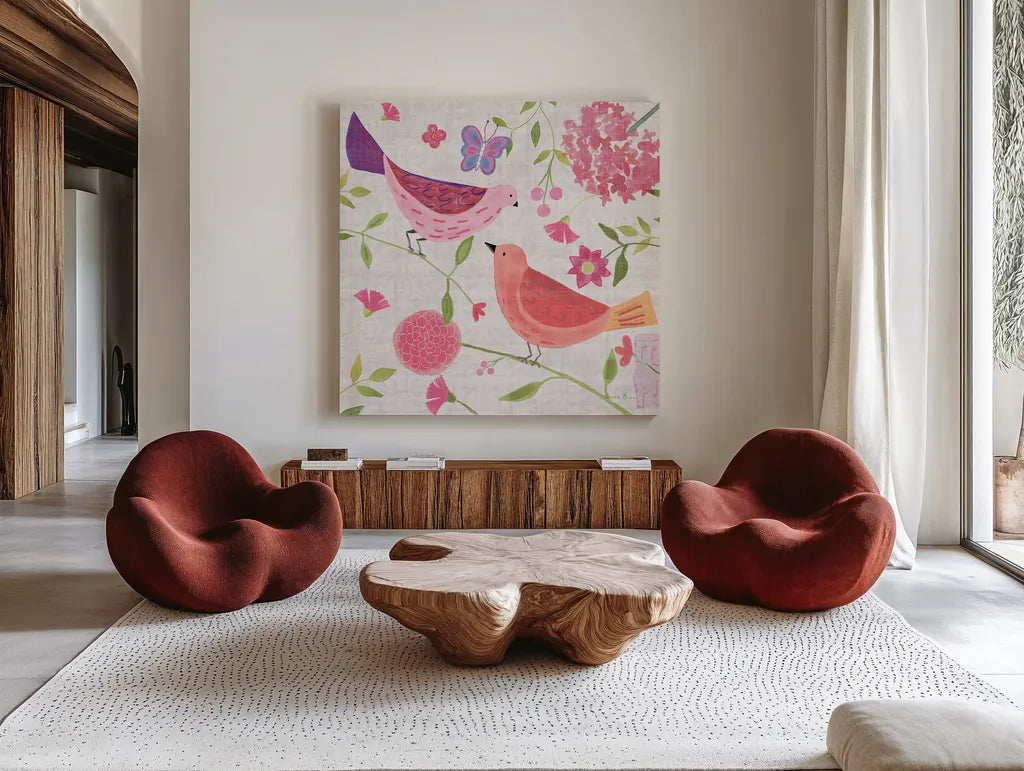 Damask Floral and Bird IV v2 by Farida Zaman. Shown as extra-large giant wall art in a modern living room. Available as an archival giclee rolled canvas, fine art paper, or poster print. SKU 34046a.