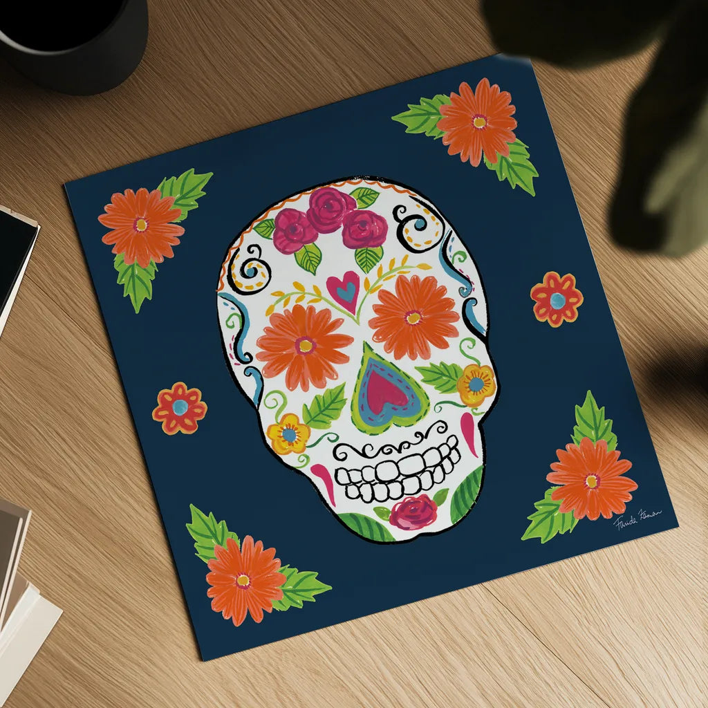 Day of the Dead I by Farida Zaman. Shown as a detailed flat fine art print, highlighting archival giclee quality. Available as an archival giclee rolled canvas, fine art paper, or poster print. SKU 37968a.