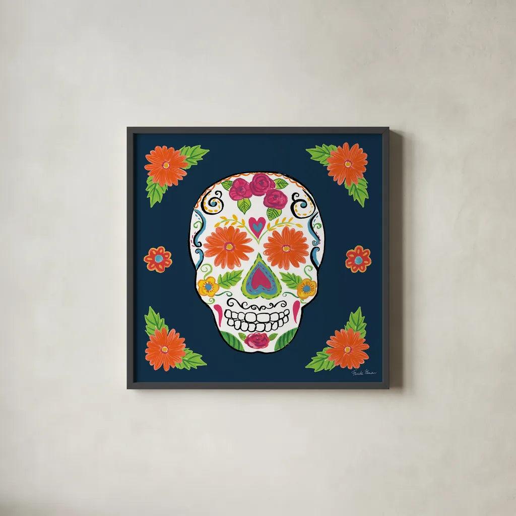 Day of the Dead I by Farida Zaman. Shown in a sleek black glass frame for a contemporary gallery look. Available as an archival giclee rolled canvas, fine art paper, or poster print. SKU 37968a.