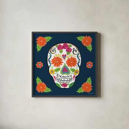 Day of the Dead I by Farida Zaman. Shown in a sleek black glass frame for a contemporary gallery look. Available as an archival giclee rolled canvas, fine art paper, or poster print. SKU 37968a.