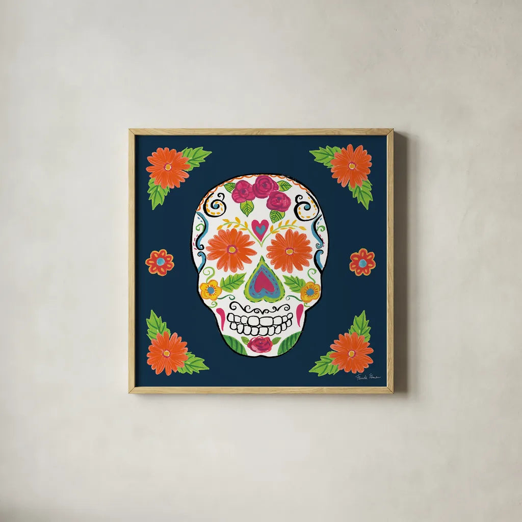 Day of the Dead I by Farida Zaman. Shown in a natural wood glass frame for a timeless modern aesthetic. Available as an archival giclee rolled canvas, fine art paper, or poster print. SKU 37968a.