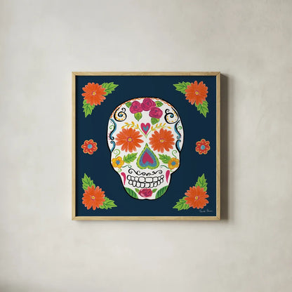 Day of the Dead I by Farida Zaman. Shown in a natural wood glass frame for a timeless modern aesthetic. Available as an archival giclee rolled canvas, fine art paper, or poster print. SKU 37968a.