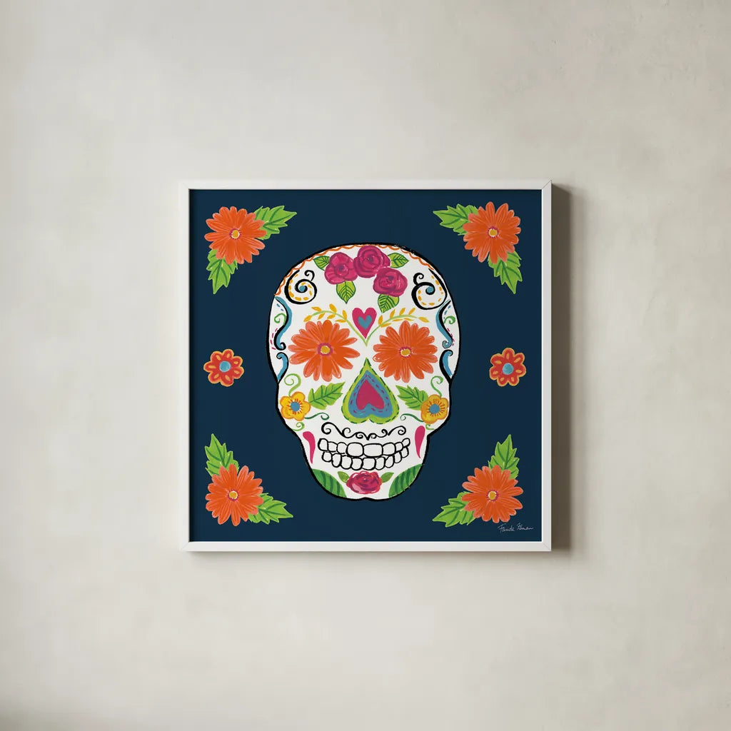 Day of the Dead I by Farida Zaman. Shown in a crisp white glass frame for a clean and minimalist style. Available as an archival giclee rolled canvas, fine art paper, or poster print. SKU 37968a.