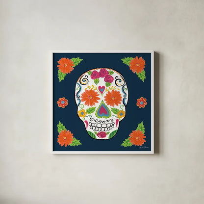 Day of the Dead I by Farida Zaman. Shown in a crisp white glass frame for a clean and minimalist style. Available as an archival giclee rolled canvas, fine art paper, or poster print. SKU 37968a.