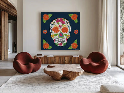 Day of the Dead I by Farida Zaman. Shown as extra-large giant wall art in a modern living room. Available as an archival giclee rolled canvas, fine art paper, or poster print. SKU 37968a.