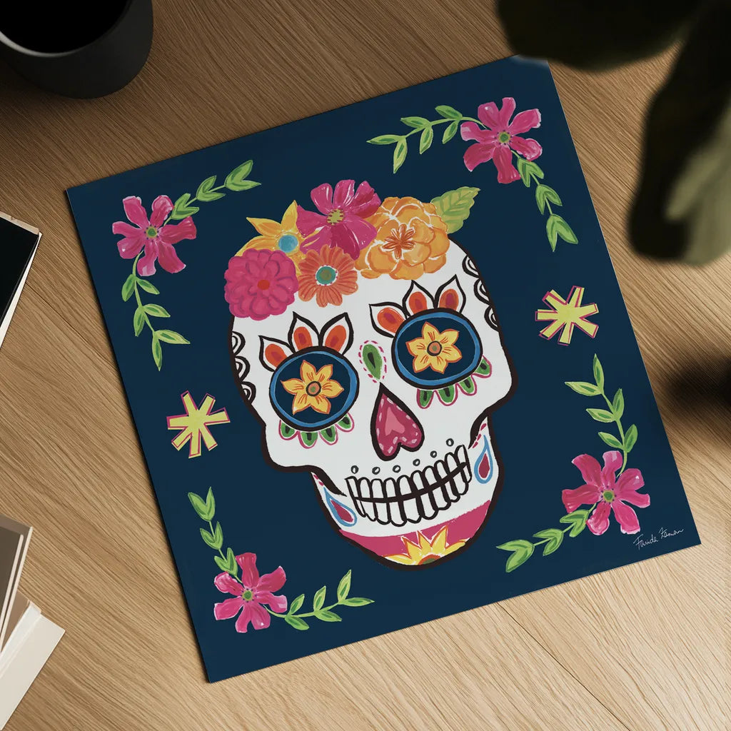Day of the Dead II by Farida Zaman. Shown as a detailed flat fine art print, highlighting archival giclee quality. Available as an archival giclee rolled canvas, fine art paper, or poster print. SKU 37969a.