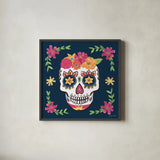 Day of the Dead II by Farida Zaman. Shown in a sleek black glass frame for a contemporary gallery look. Available as an archival giclee rolled canvas, fine art paper, or poster print. SKU 37969a.