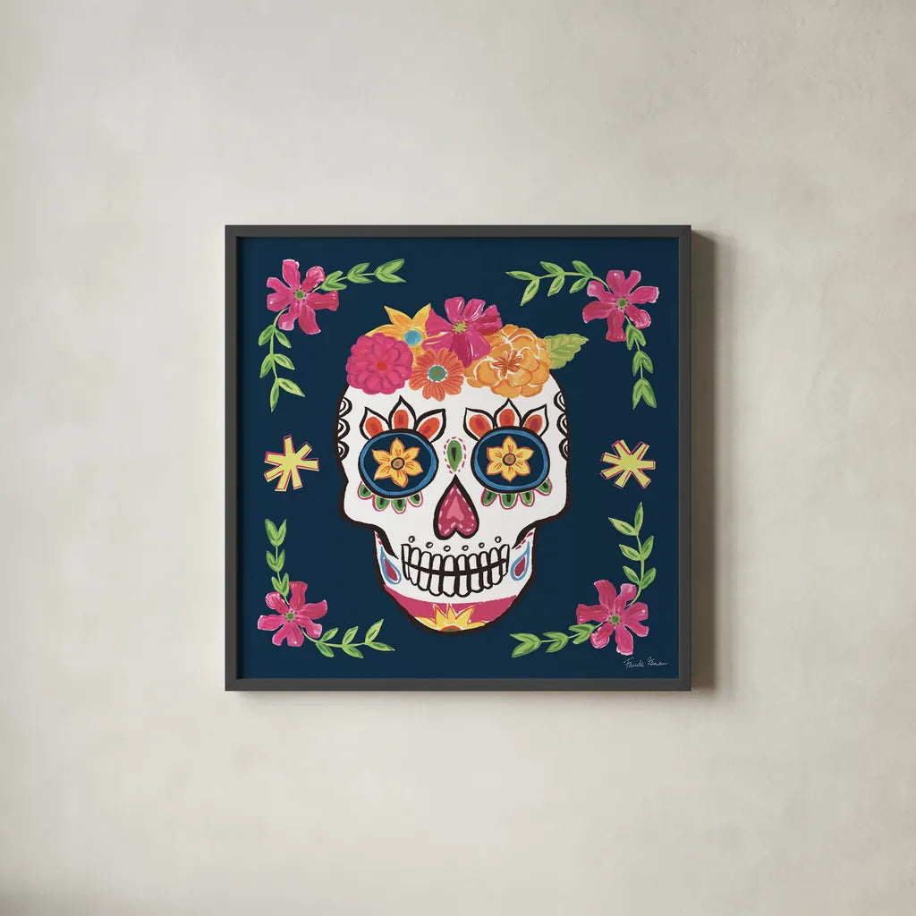 Day of the Dead II by Farida Zaman. Shown in a sleek black glass frame for a contemporary gallery look. Available as an archival giclee rolled canvas, fine art paper, or poster print. SKU 37969a.