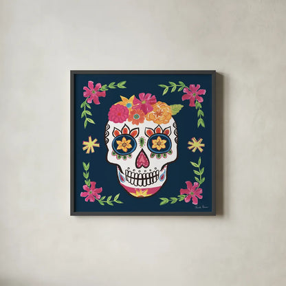 Day of the Dead II by Farida Zaman. Shown in a sleek black glass frame for a contemporary gallery look. Available as an archival giclee rolled canvas, fine art paper, or poster print. SKU 37969a.