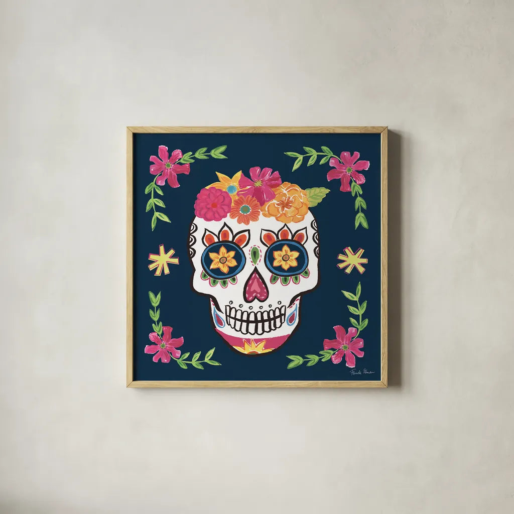 Day of the Dead II by Farida Zaman. Shown in a natural wood glass frame for a timeless modern aesthetic. Available as an archival giclee rolled canvas, fine art paper, or poster print. SKU 37969a.