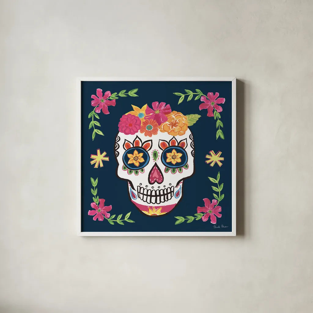 Day of the Dead II by Farida Zaman. Shown in a crisp white glass frame for a clean and minimalist style. Available as an archival giclee rolled canvas, fine art paper, or poster print. SKU 37969a.