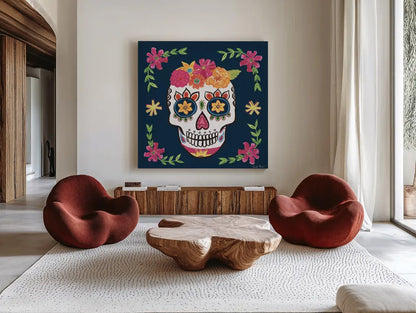 Day of the Dead II by Farida Zaman. Shown as extra-large giant wall art in a modern living room. Available as an archival giclee rolled canvas, fine art paper, or poster print. SKU 37969a.