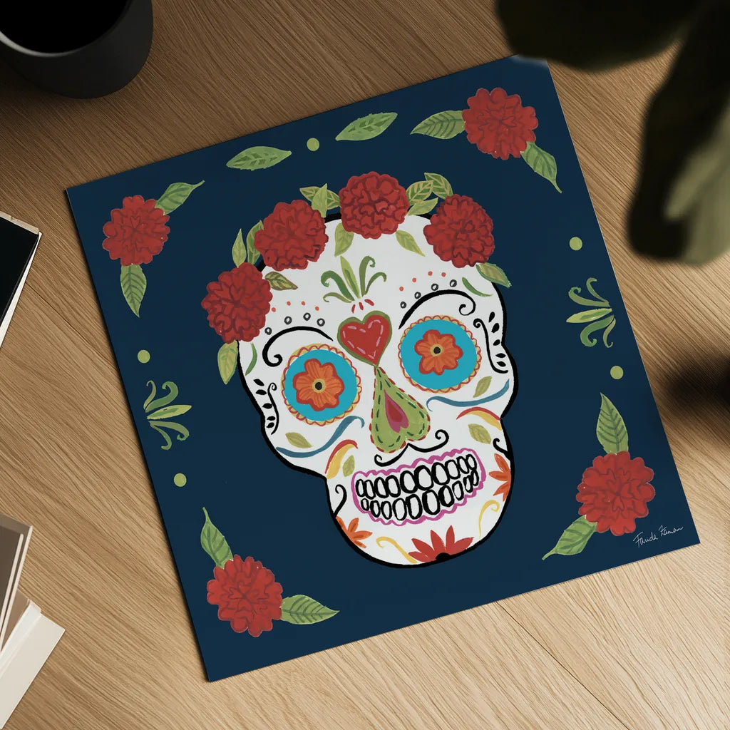 Day of the Dead III by Farida Zaman. Shown as a detailed flat fine art print, highlighting archival giclee quality. Available as an archival giclee rolled canvas, fine art paper, or poster print. SKU 37970a.