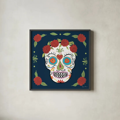 Day of the Dead III by Farida Zaman. Shown in a sleek black glass frame for a contemporary gallery look. Available as an archival giclee rolled canvas, fine art paper, or poster print. SKU 37970a.