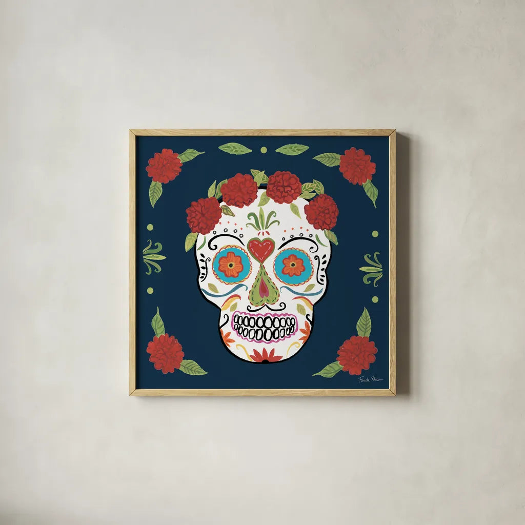 Day of the Dead III by Farida Zaman. Shown in a natural wood glass frame for a timeless modern aesthetic. Available as an archival giclee rolled canvas, fine art paper, or poster print. SKU 37970a.