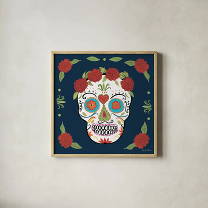 Day of the Dead III by Farida Zaman. Shown in a natural wood glass frame for a timeless modern aesthetic. Available as an archival giclee rolled canvas, fine art paper, or poster print. SKU 37970a.