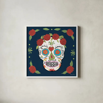 Day of the Dead III by Farida Zaman. Shown in a crisp white glass frame for a clean and minimalist style. Available as an archival giclee rolled canvas, fine art paper, or poster print. SKU 37970a.