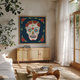 Day of the Dead III by Farida Zaman. Shown in a natural wood frame in a cozy modern living room. Available as an archival giclee rolled canvas, fine art paper, or poster print. SKU 37970a.