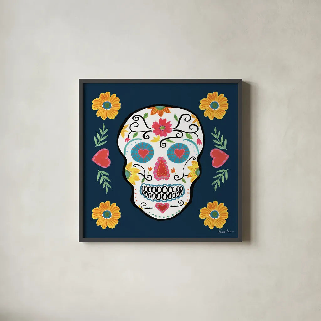 Day of the Dead IV by Farida Zaman. Shown in a sleek black glass frame for a contemporary gallery look. Available as an archival giclee rolled canvas, fine art paper, or poster print. SKU 37971a.