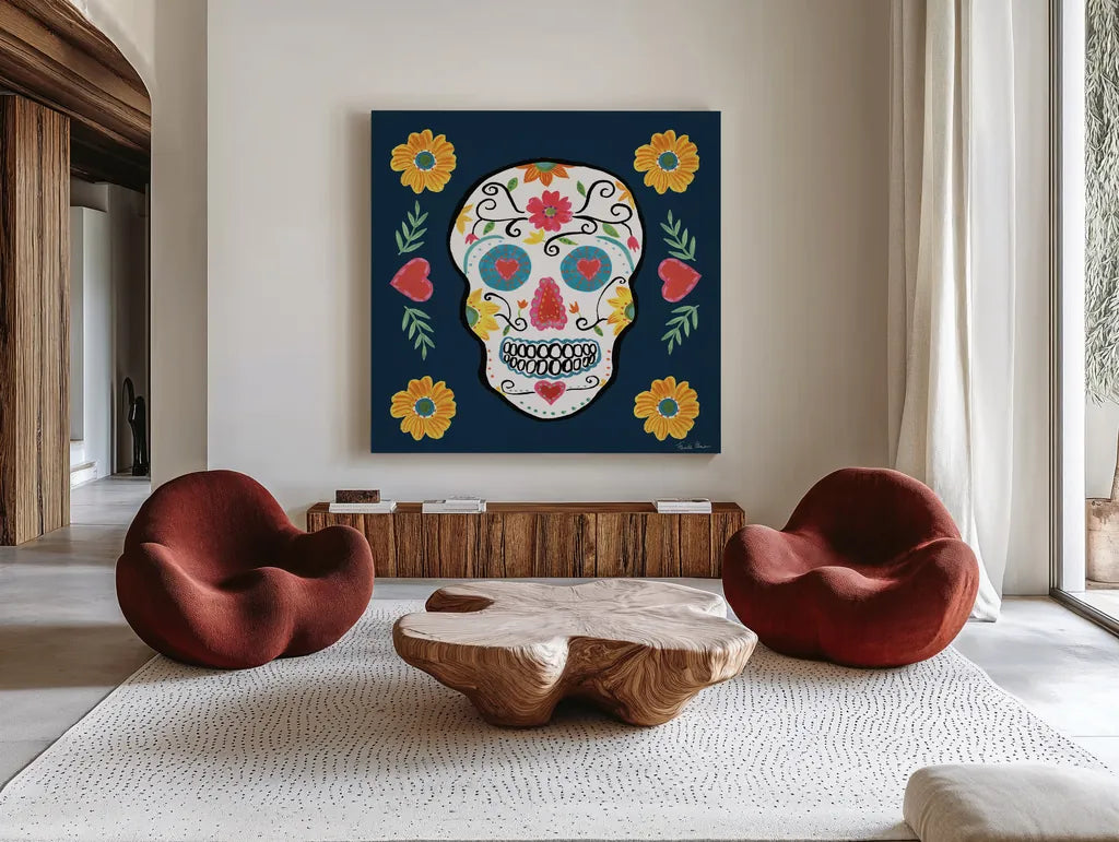 Day of the Dead IV by Farida Zaman. Shown as extra-large giant wall art in a modern living room. Available as an archival giclee rolled canvas, fine art paper, or poster print. SKU 37971a.